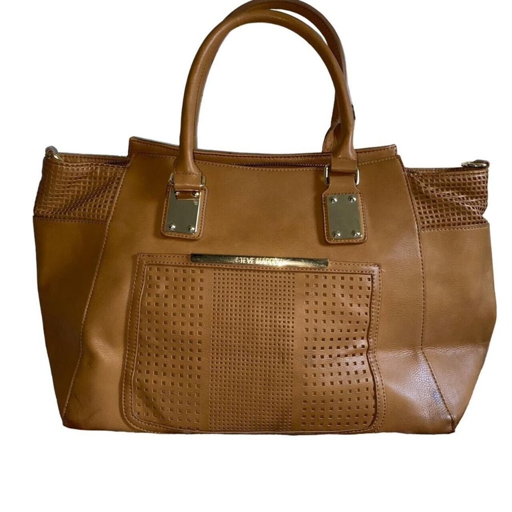 Steve Madden Womens Brown Leather Shoulder Bag Double Handle Inner Pocket Zipper